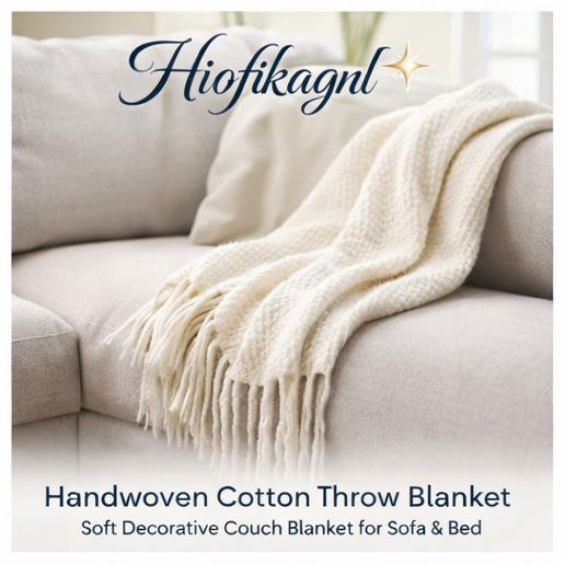 Hiofikagnl™ Handwoven Cotton Throw Blanket – Soft Decorative Couch Blanket for Sofa & Bed