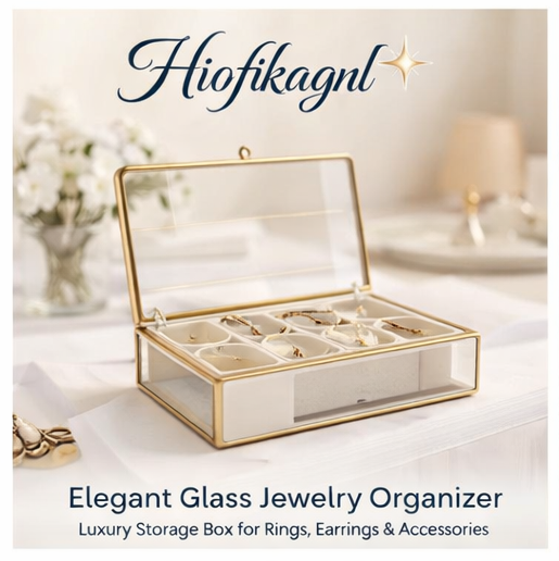 Hiofikagnl™ Elegant Glass Jewelry Organizer – Luxury Storage Box for Rings, Earrings & Accessories