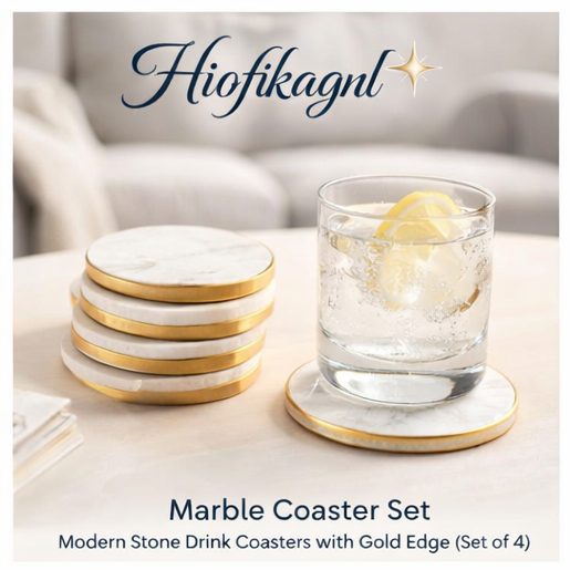 Hiofikagnl™ Marble Coaster Set – Modern Stone Drink Coasters with Gold Edge (Set of 4)